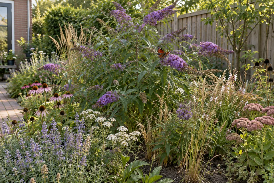 Vlinderstruik in bloei tussen planten met verschillende bloeimomenten