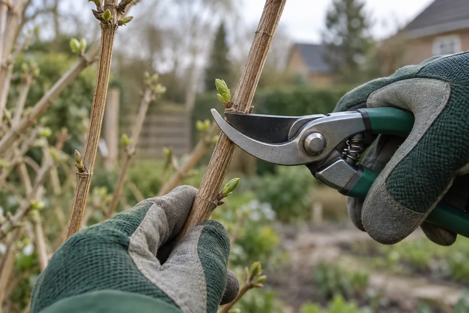 Scherpe bypass-schaar bij levend hout en een gezonde knop
