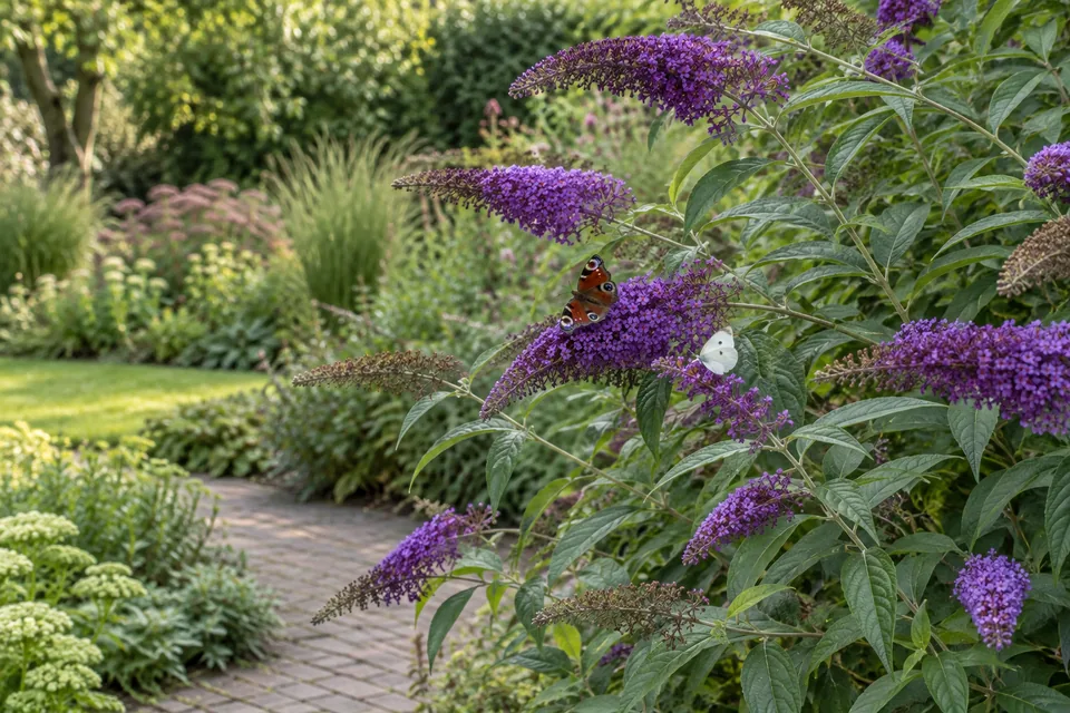 Paarse vlinderstruik met twee vlinders in een gemengde tuin