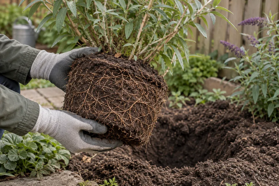 Wortelkluit van een vlinderstruik naast een voorbereid plantgat